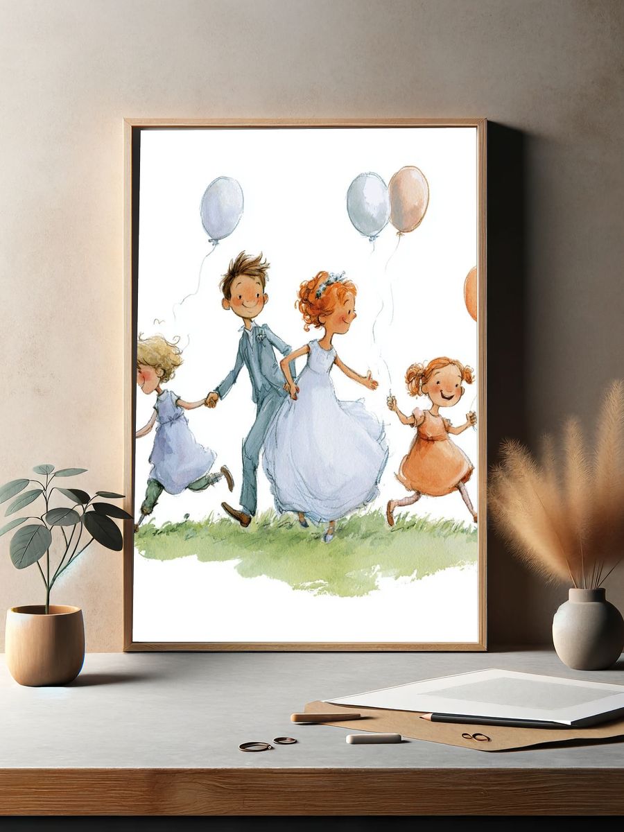Children with Balloons Watercolor Print. — room view 2