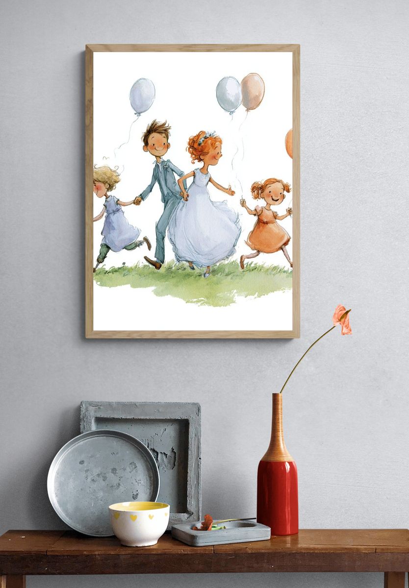 Children with Balloons Watercolor Print. — room view 3