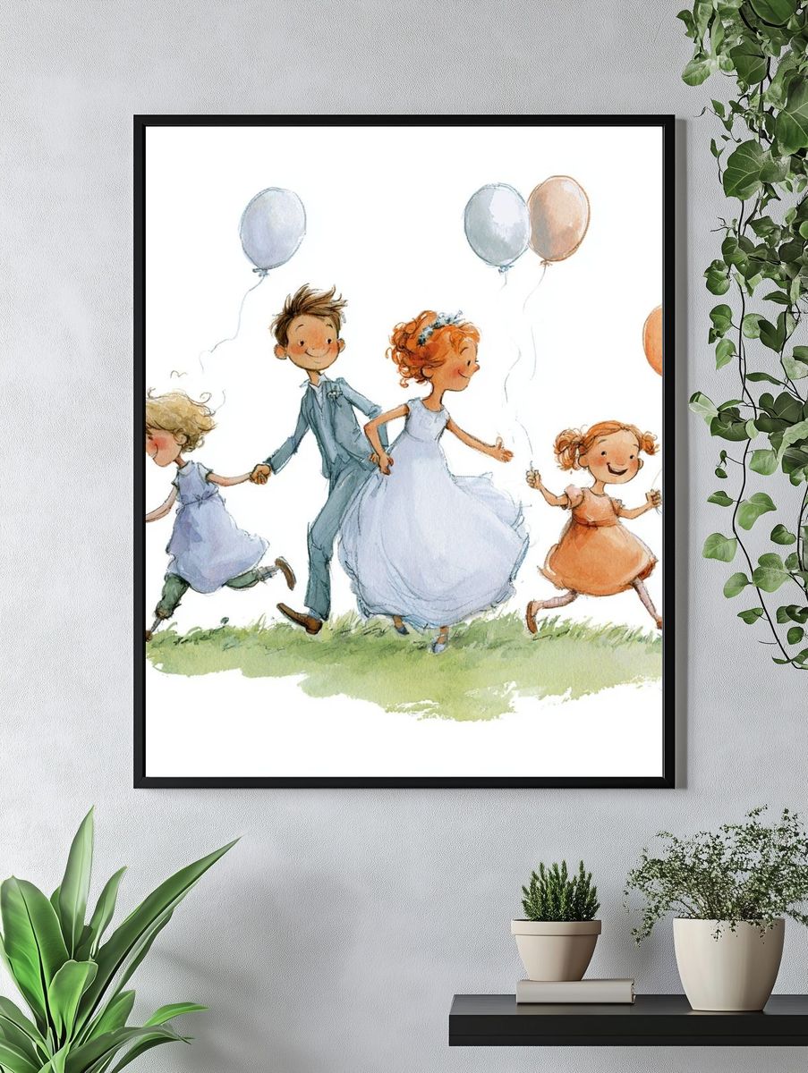 Children with Balloons Watercolor Print. — room view 4