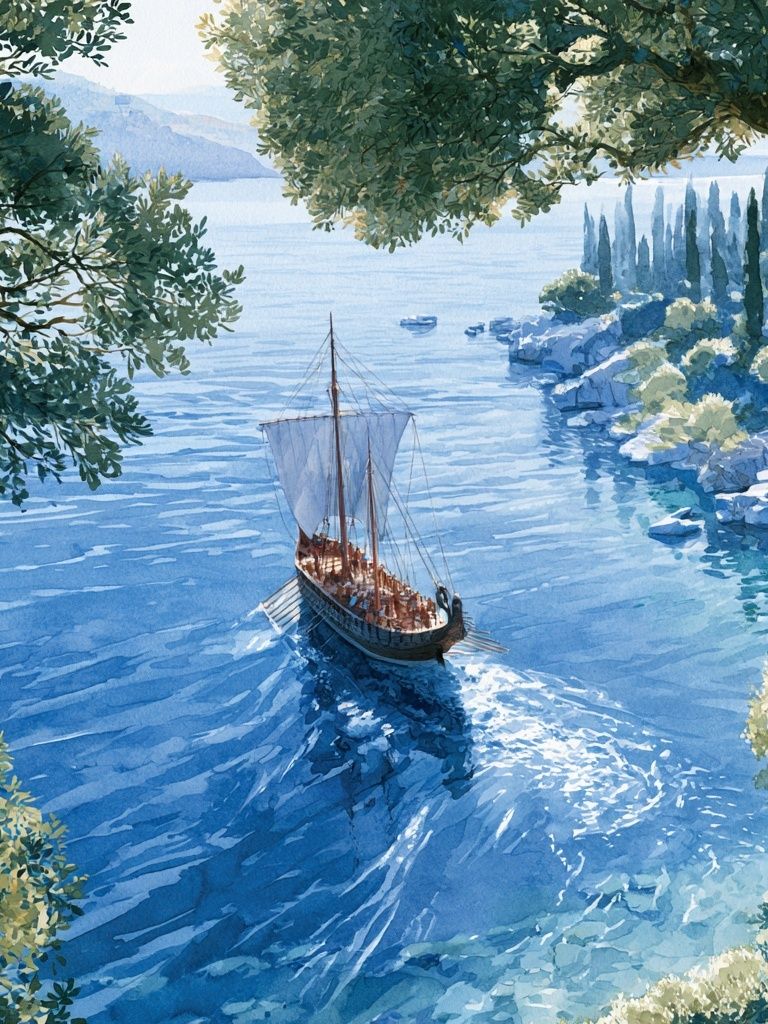 Mediterranean Sailboat Watercolor Poster. poster detail