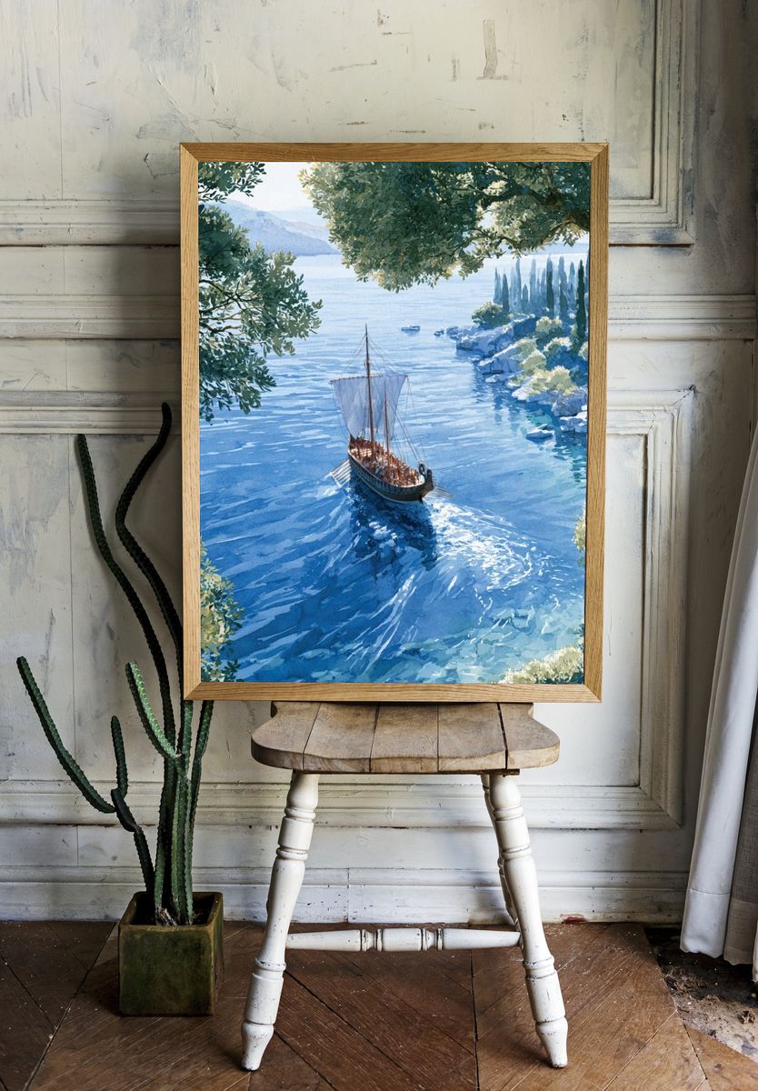 Mediterranean Sailboat Watercolor Poster. — room view 1