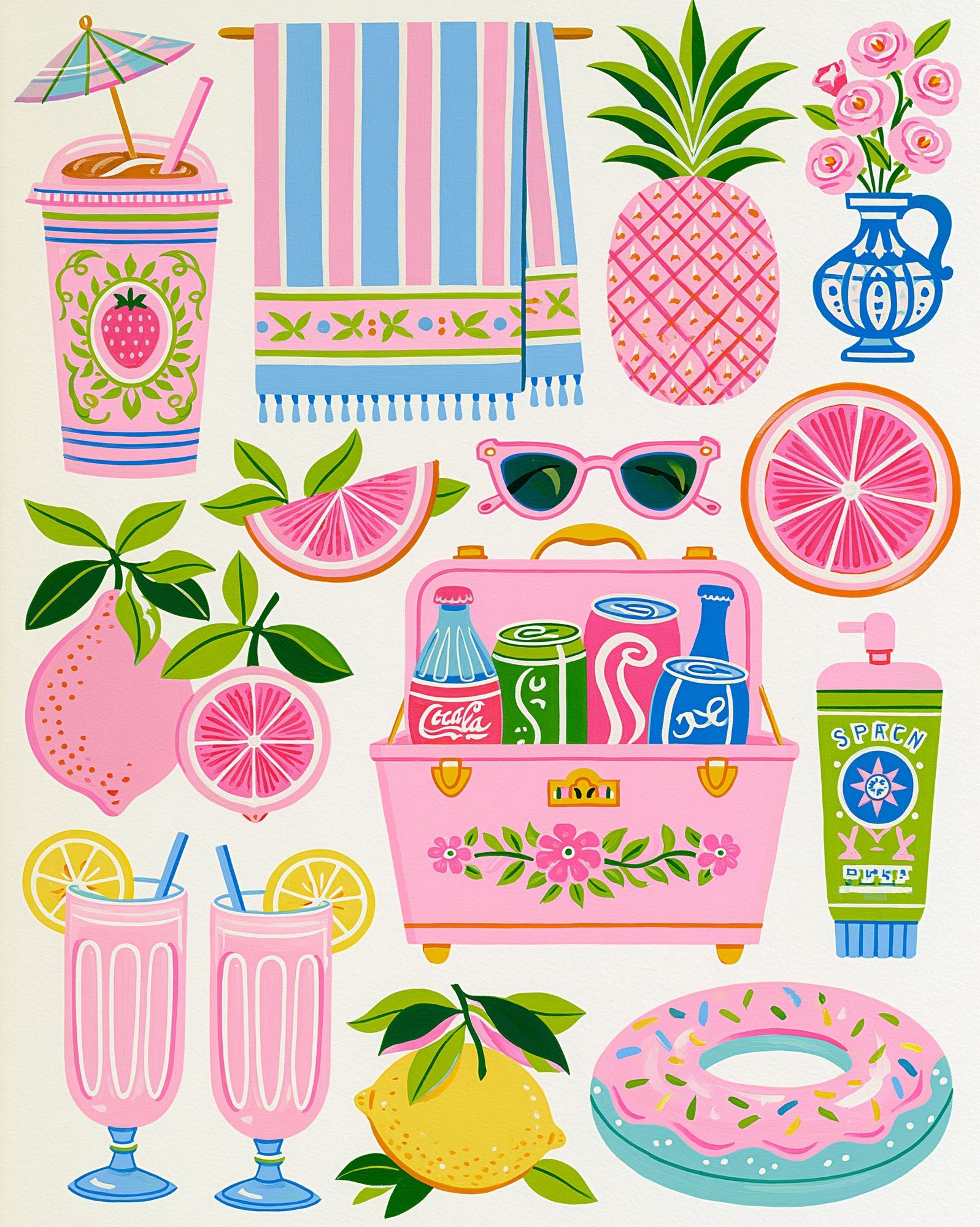 Pink Summer Icons Illustration Poster. poster detail