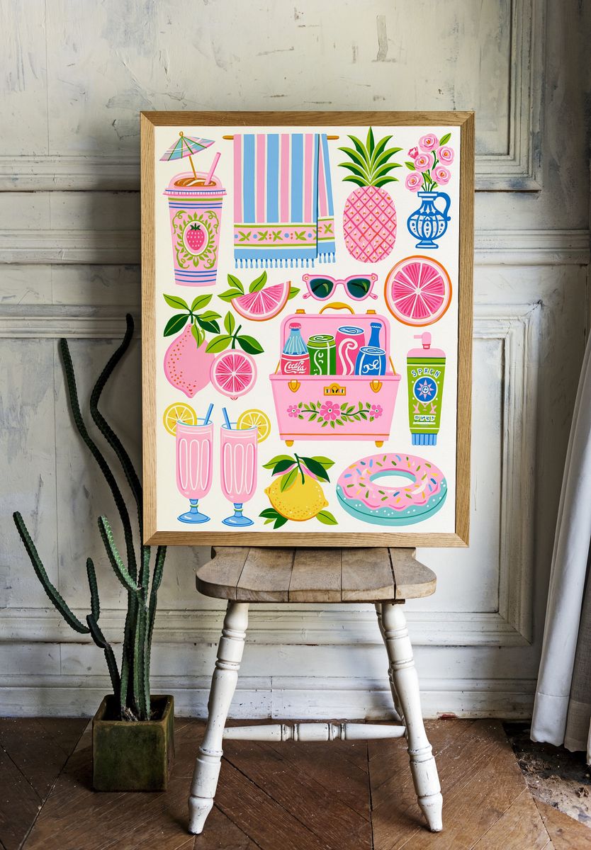 Pink Summer Icons Illustration Poster. — room view 1