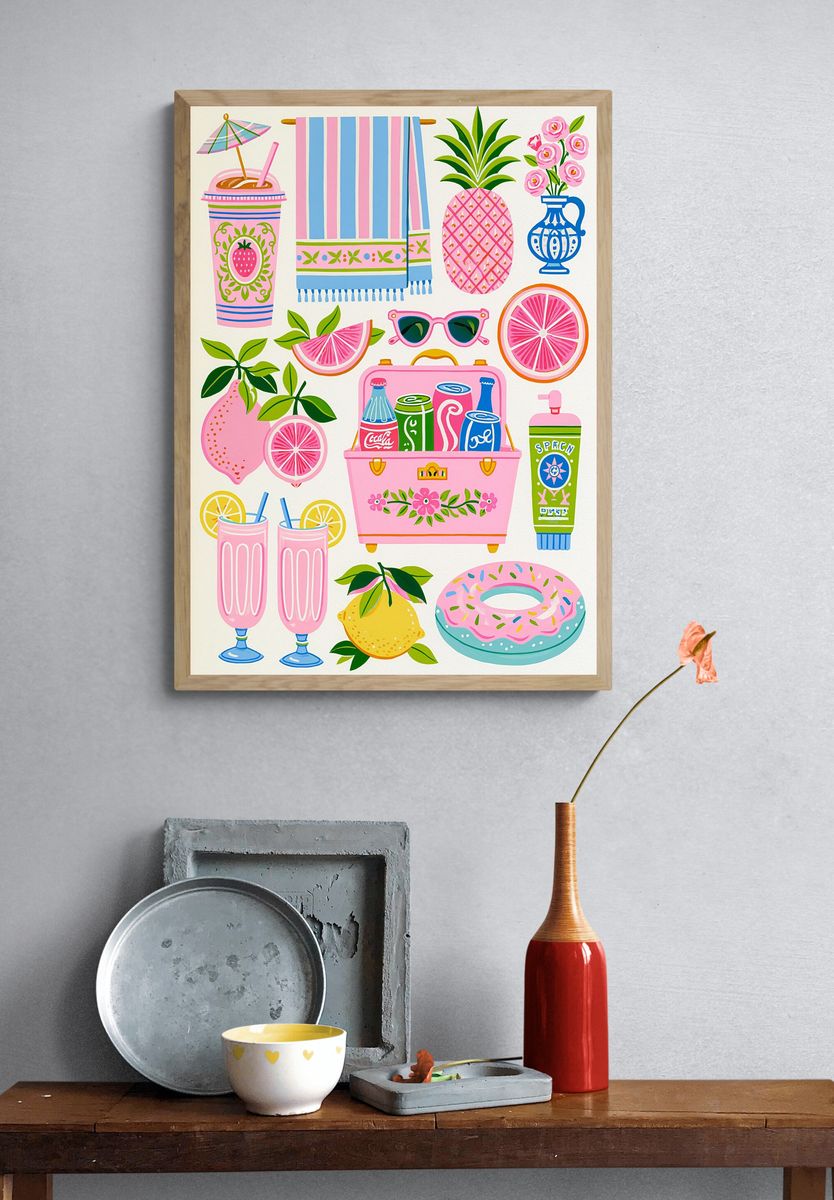 Pink Summer Icons Illustration Poster. — room view 3
