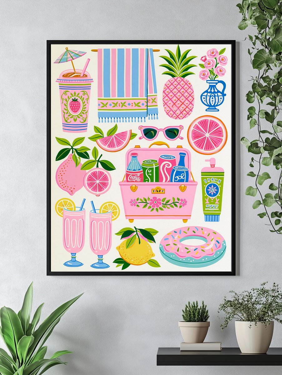 Pink Summer Icons Illustration Poster. — room view 4