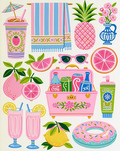 Pink Summer Icons Illustration Poster.