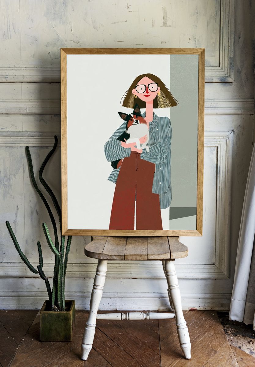 Woman with Dog Illustration Poster. — room view 1