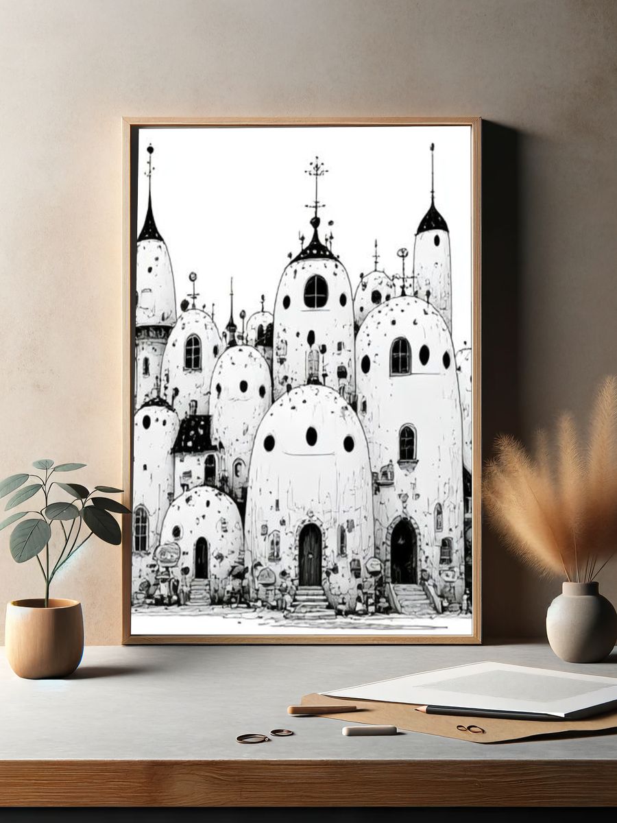 Whimsical Mushroom Houses Illustration Poster. — room view 2