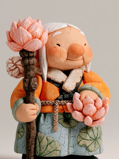 Ceramic Elder with Lotus Staff Poster. poster print