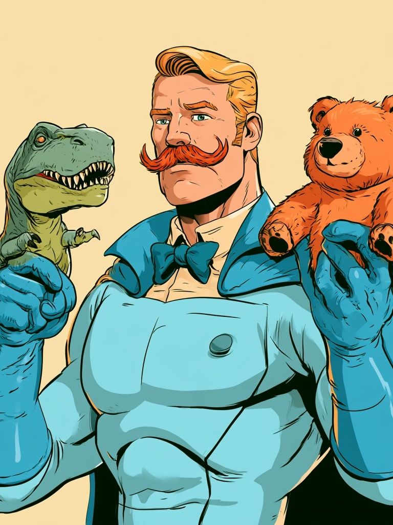 Retro Hero with Dino and Teddy Poster. poster — illustration art