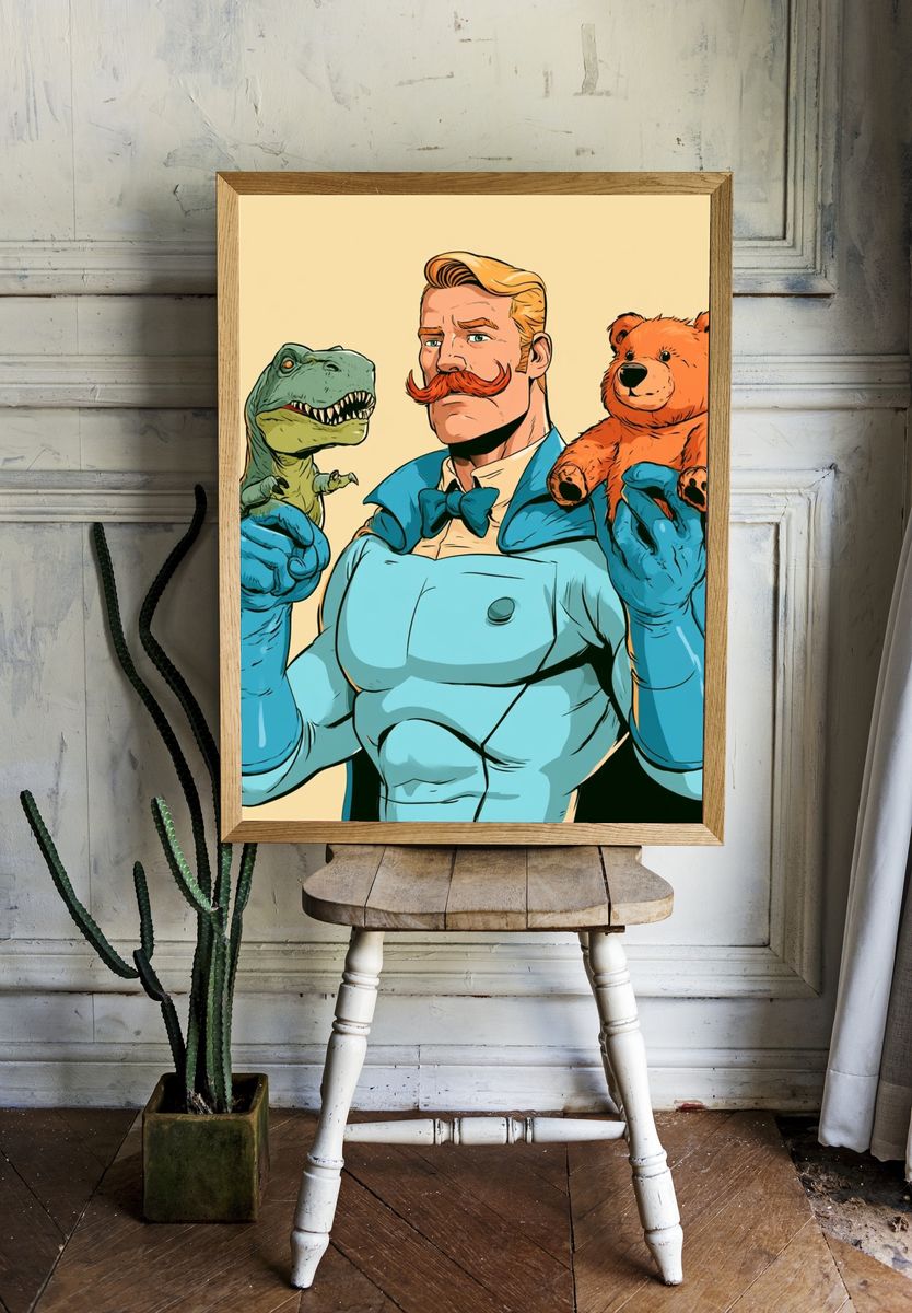 Retro Hero with Dino and Teddy Poster. — room view 1