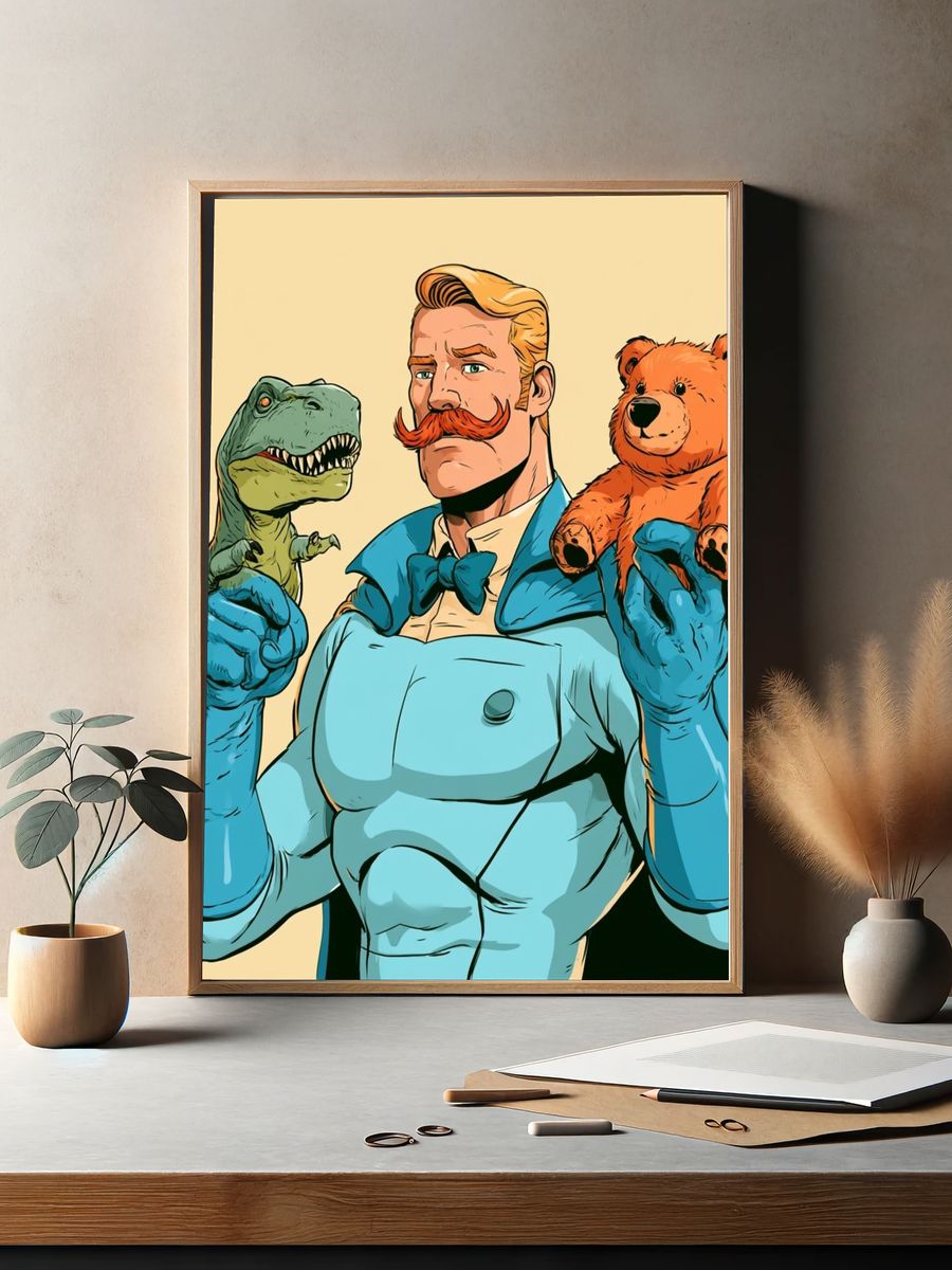 Retro Hero with Dino and Teddy Poster. — room view 2