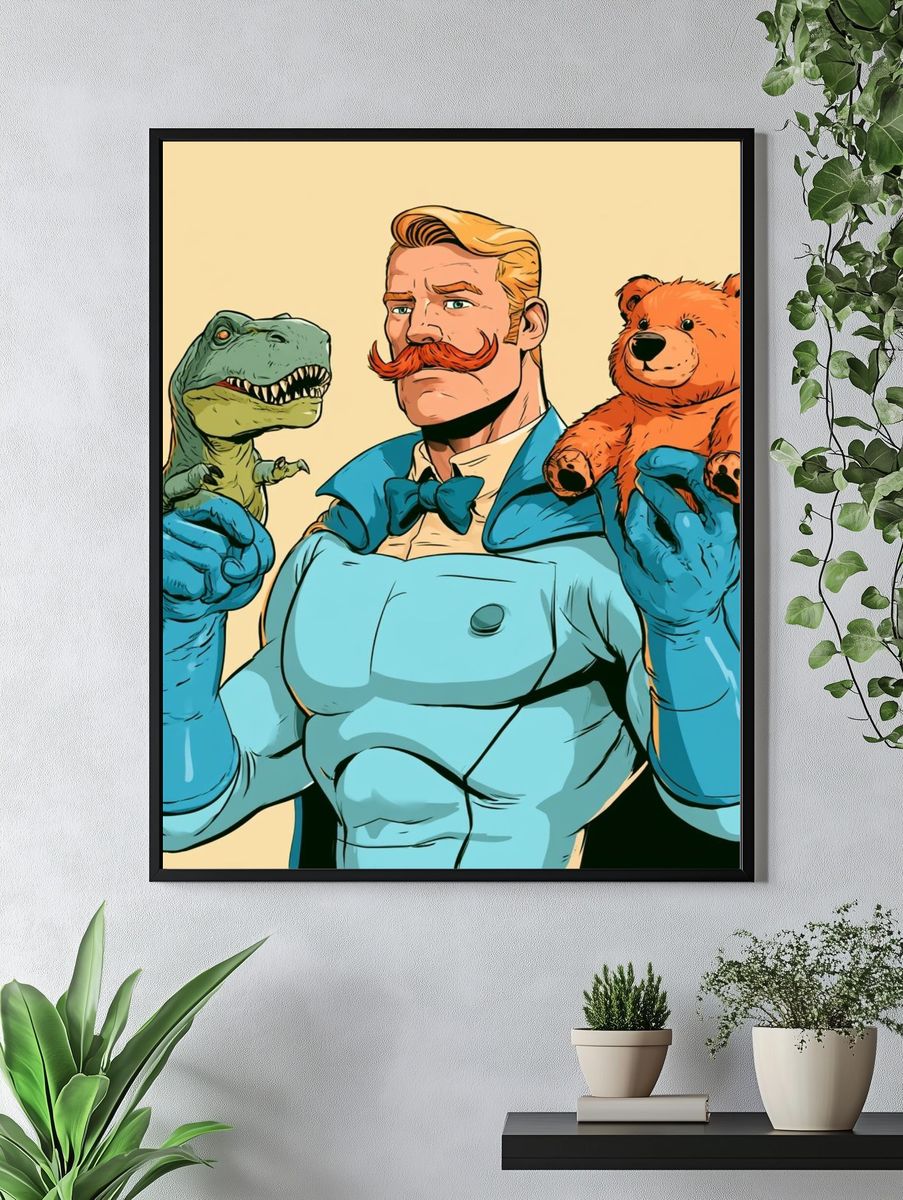Retro Hero with Dino and Teddy Poster. — room view 4
