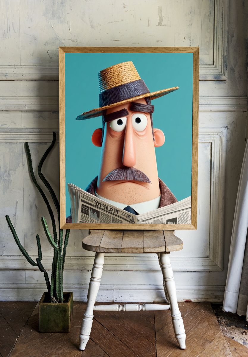 Stylized Man Reading Newspaper Illustration Poster. — room view 1