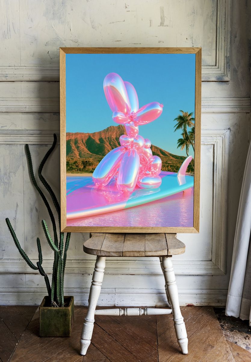 Neon Surf Bunny Illustration Poster. — room view 1