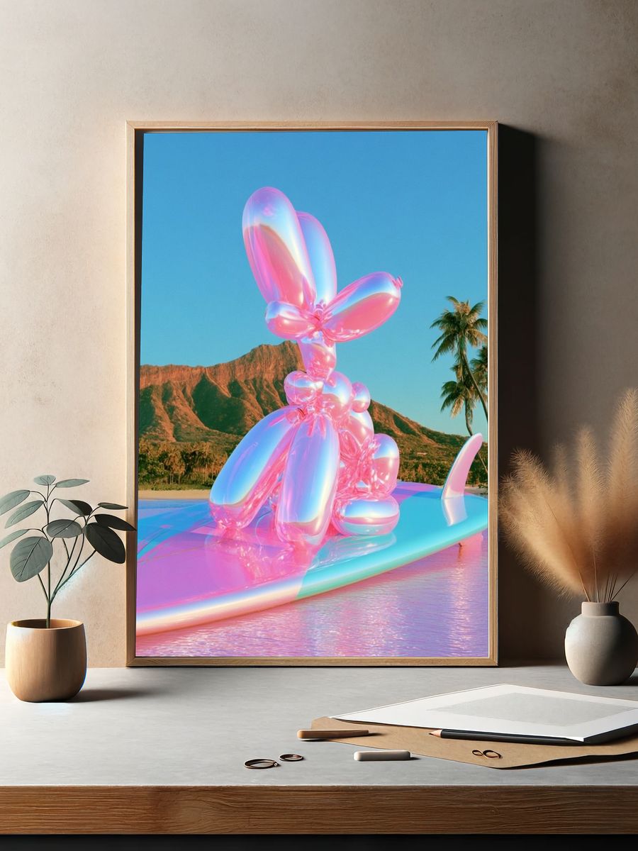 Neon Surf Bunny Illustration Poster. — room view 2