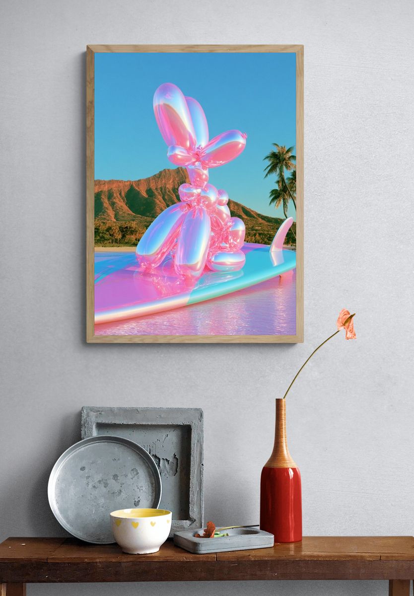 Neon Surf Bunny Illustration Poster. — room view 3