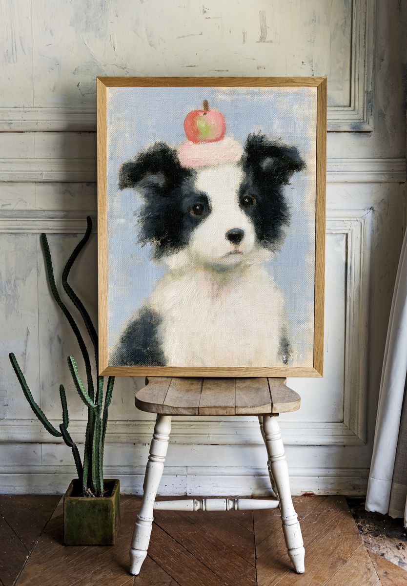 Puppy with Apple Illustration Print. — room view 1