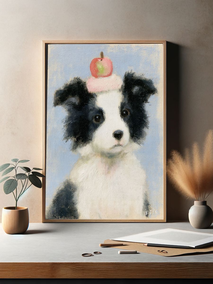 Puppy with Apple Illustration Print. — room view 2