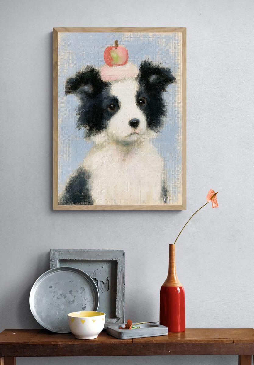Puppy with Apple Illustration Print. — room view 3