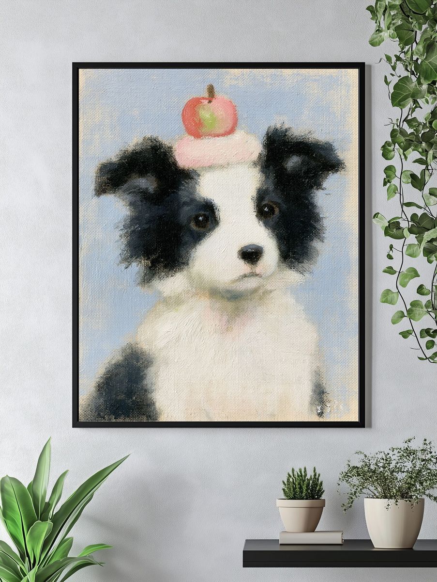 Puppy with Apple Illustration Print. — room view 4