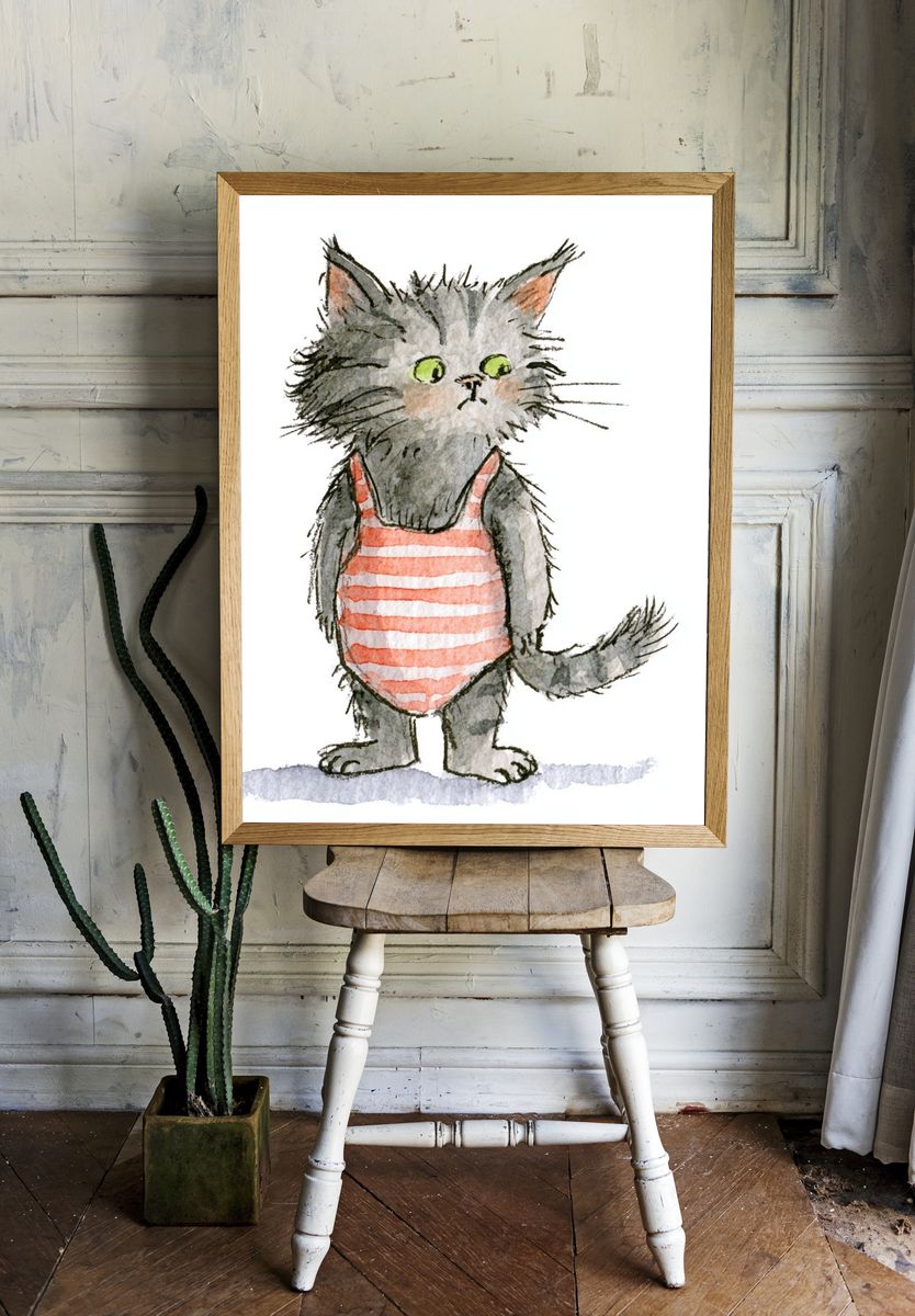 Striped Cat Watercolor Print. — room view 1
