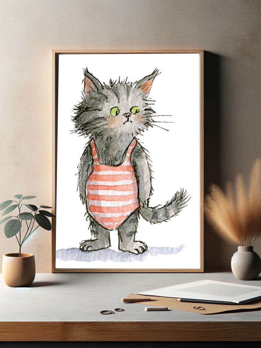 Striped Cat Watercolor Print. — room view 2