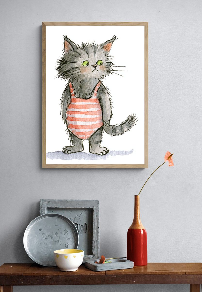 Striped Cat Watercolor Print. — room view 3