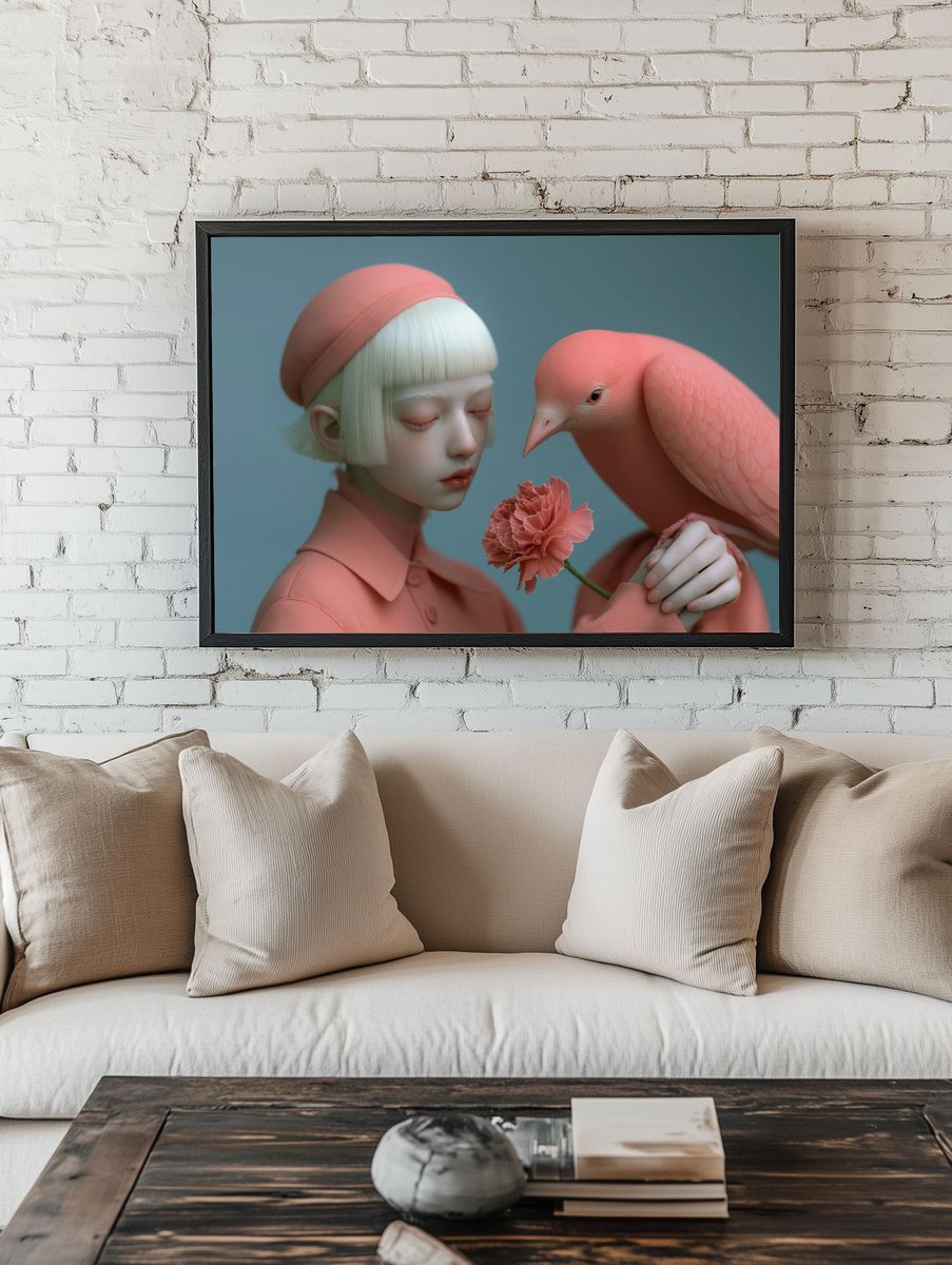 Dreamlike Girl and Bird Illustration Poster. — room view 1