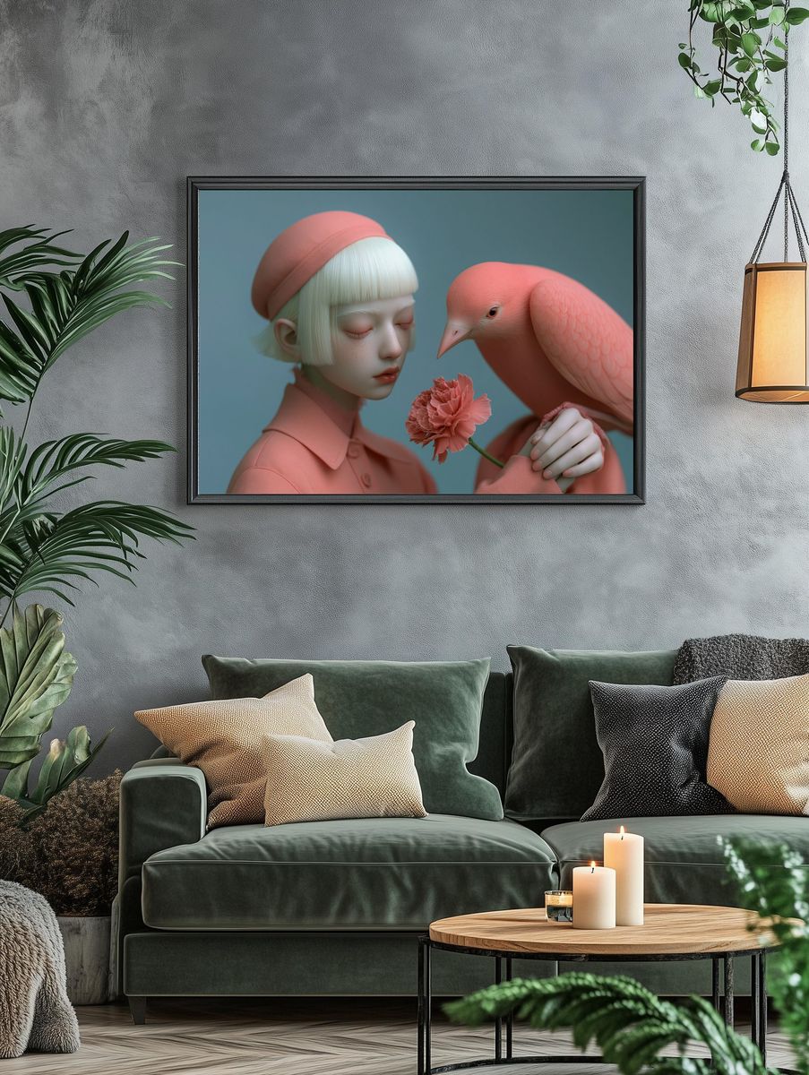 Dreamlike Girl and Bird Illustration Poster. — room view 4
