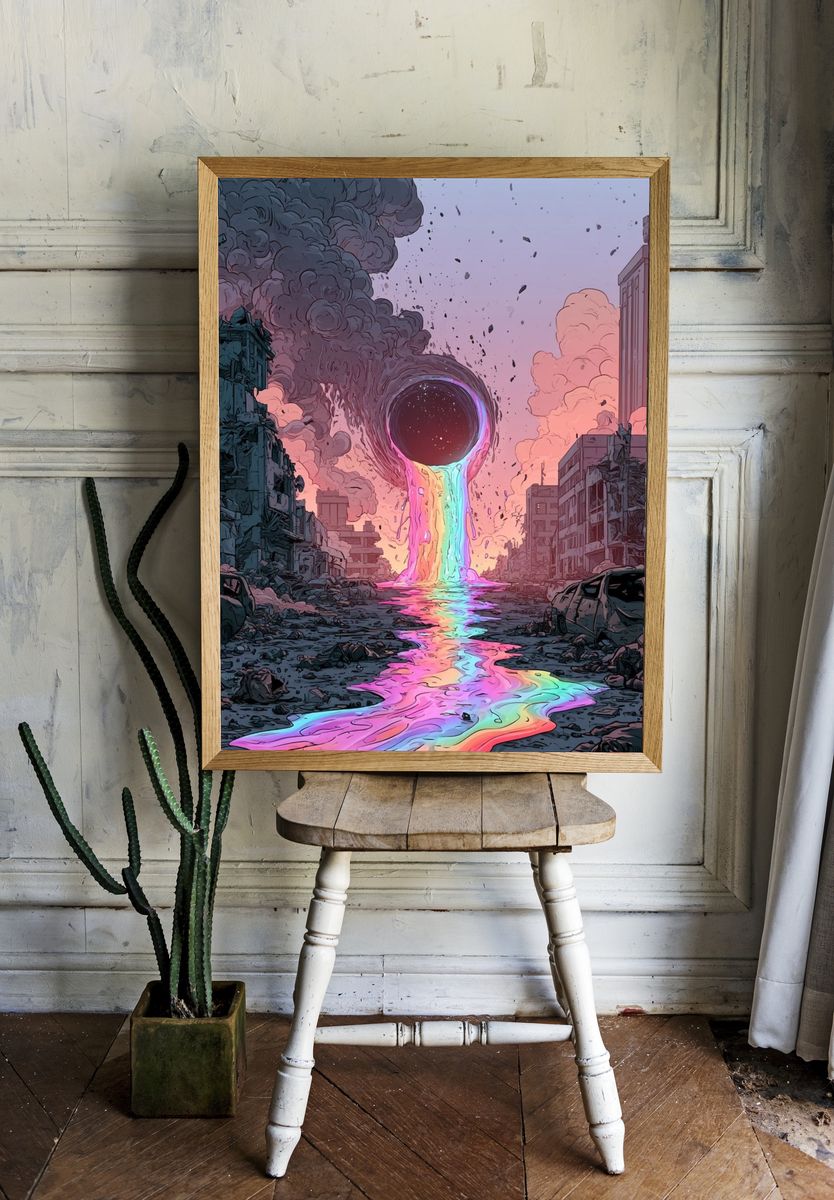 Neon Black Hole Cityscape Poster. — room view 1