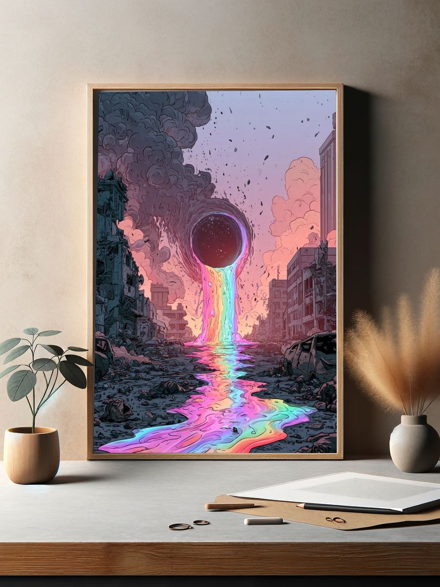 Neon Black Hole Cityscape Poster. — room view 2