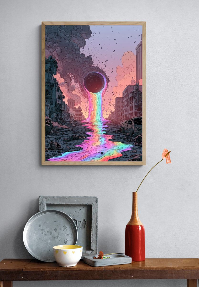 Neon Black Hole Cityscape Poster. — room view 3