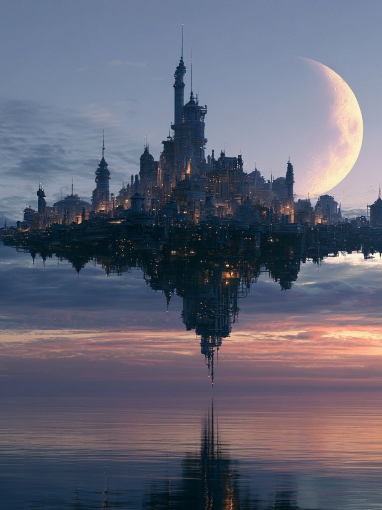 Floating Moon City Sci-Fi Print. poster — illustration art