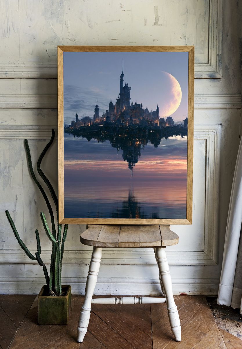 Floating Moon City Sci-Fi Print. room preview