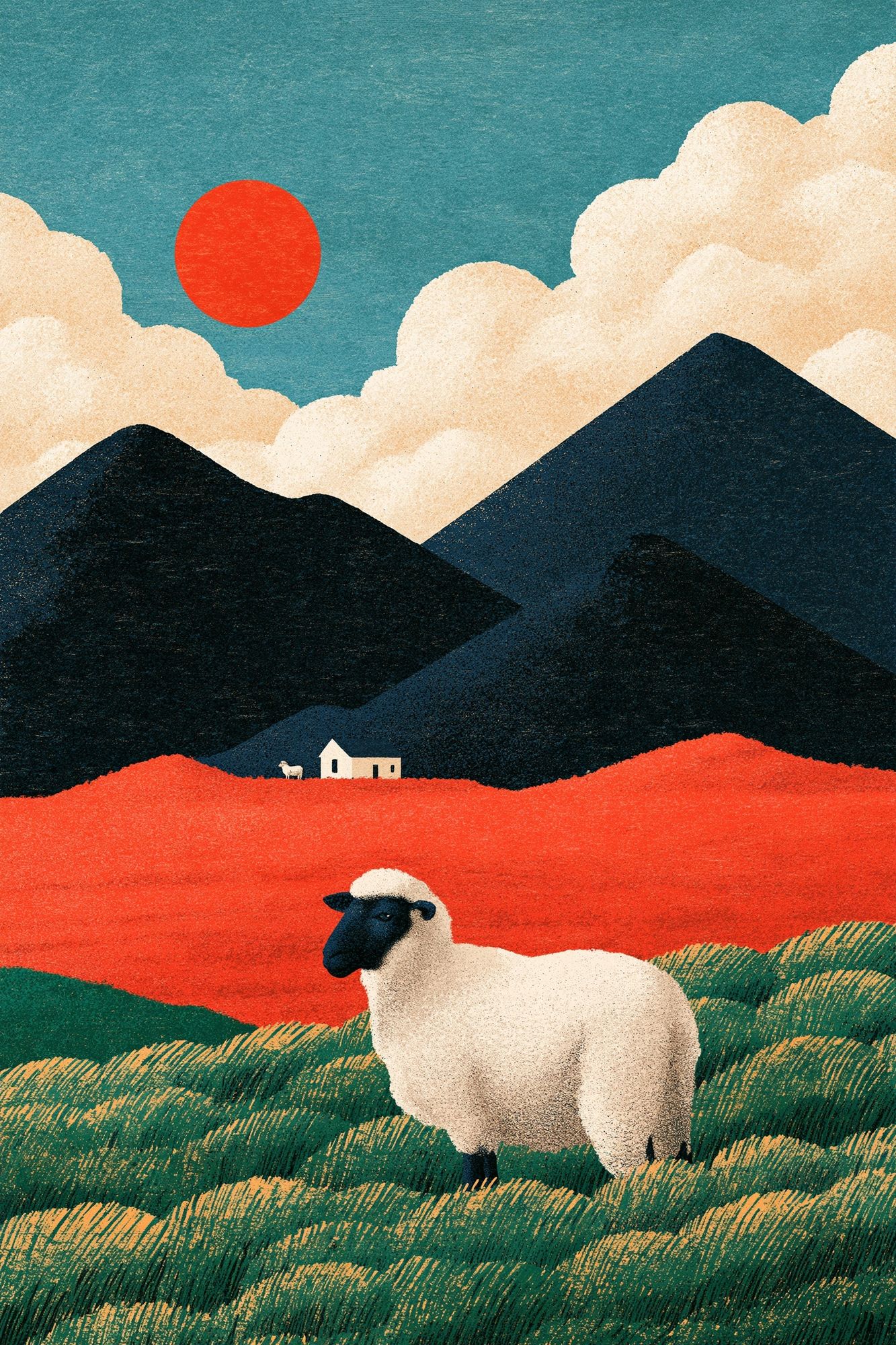 Sheep in Mountain Landscape Illustration Poster. poster detail