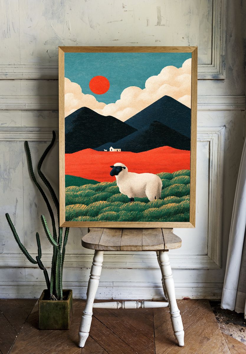 Sheep in Mountain Landscape Illustration Poster. — room view 1