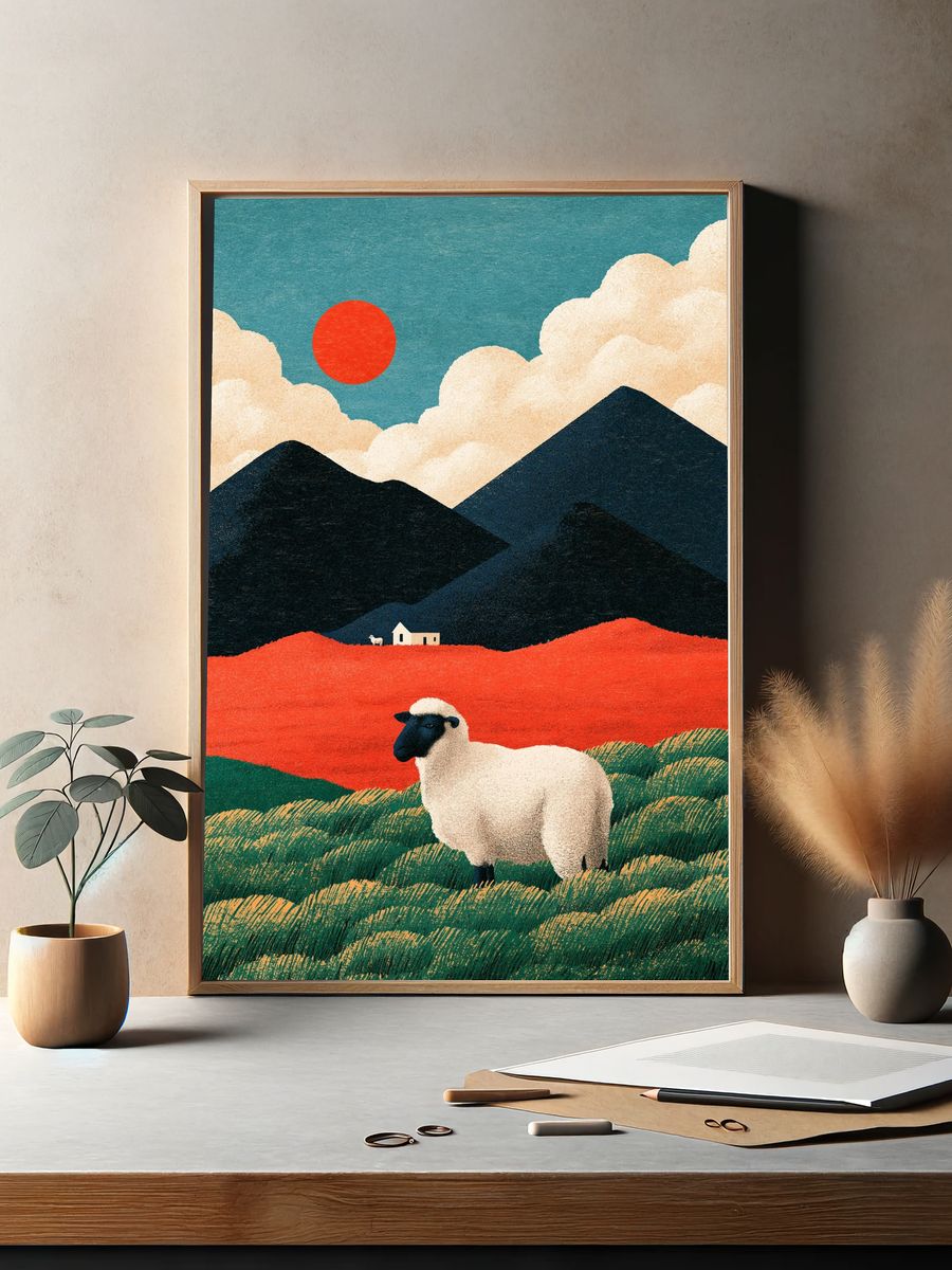 Sheep in Mountain Landscape Illustration Poster. — room view 2