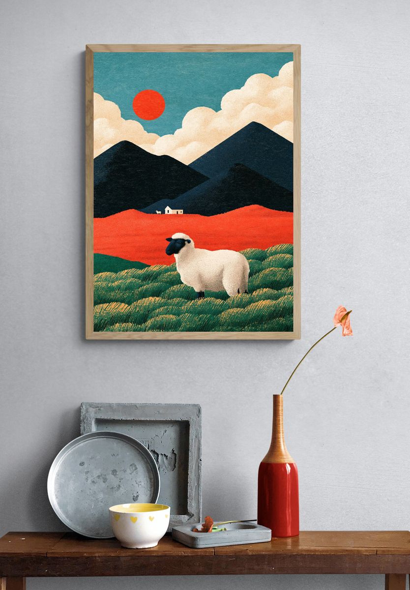 Sheep in Mountain Landscape Illustration Poster. — room view 3