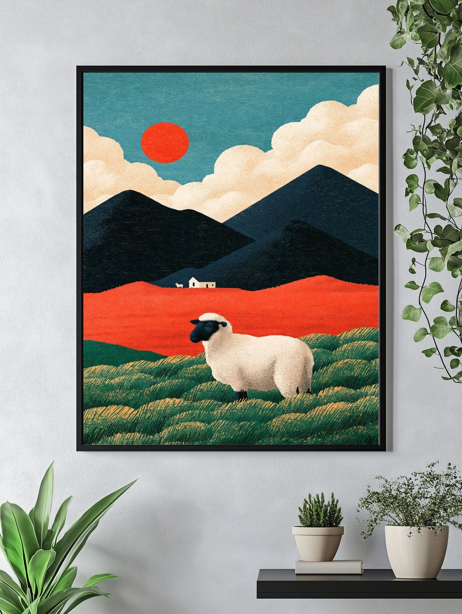 Sheep in Mountain Landscape Illustration Poster. — room view 4