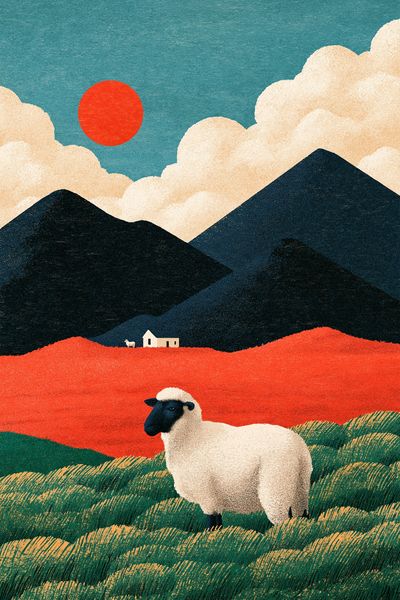 Sheep in Mountain Landscape Illustration Poster. poster