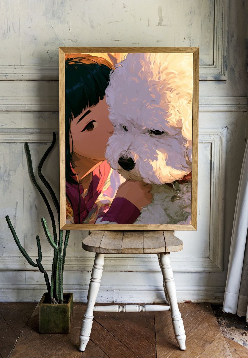 Girl and Poodle Portrait Print. — room view 1