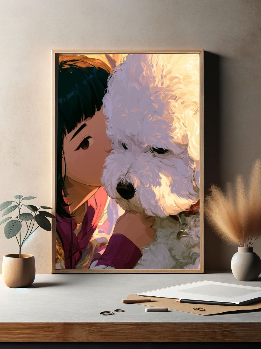 Girl and Poodle Portrait Print. — room view 2