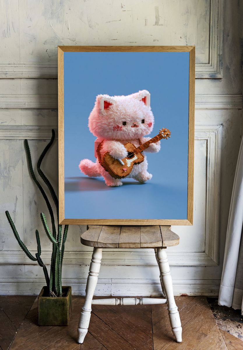 Pixel Cat Guitar Illustration Poster. room preview