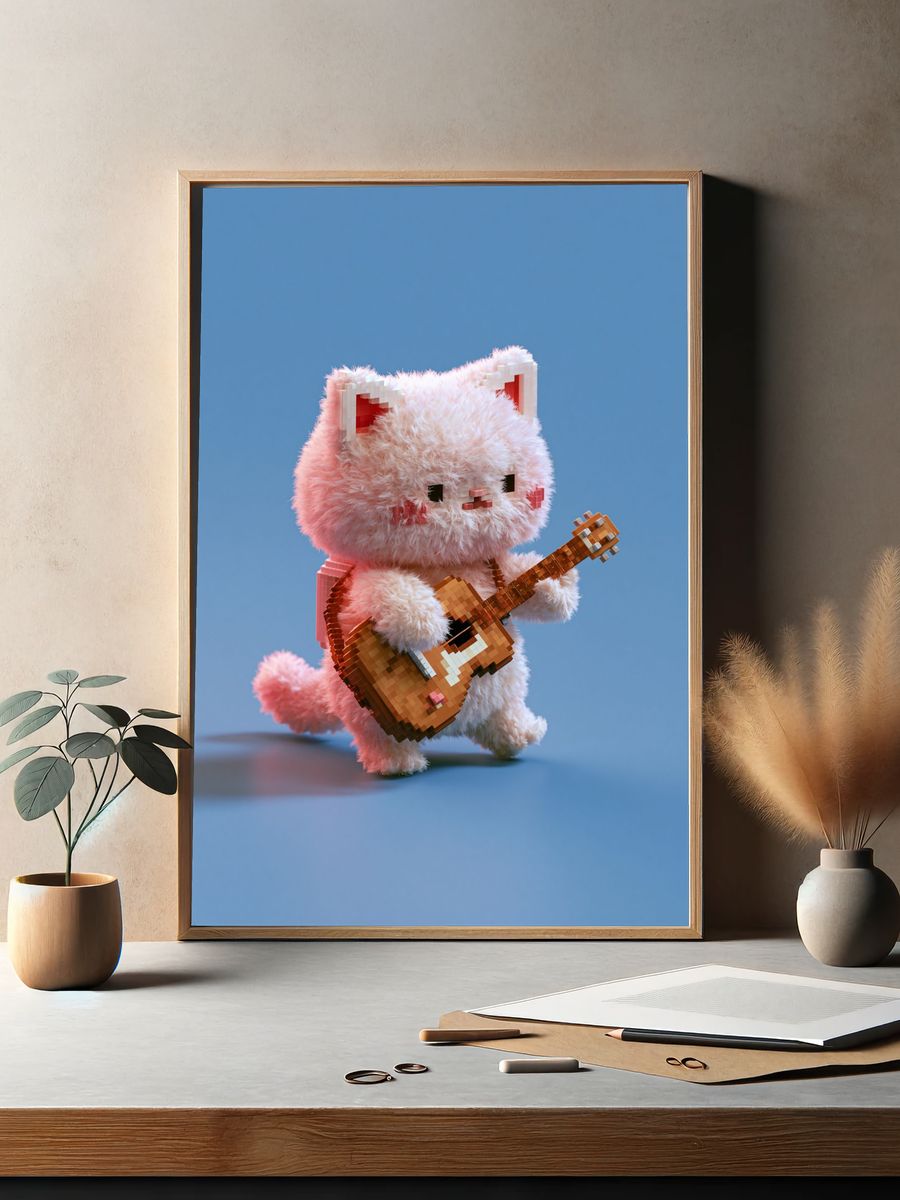 Pixel Cat Guitar Illustration Poster. — room view 2