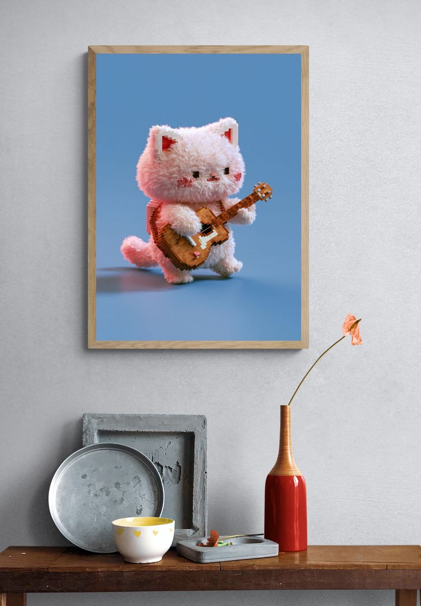 Pixel Cat Guitar Illustration Poster. — room view 3