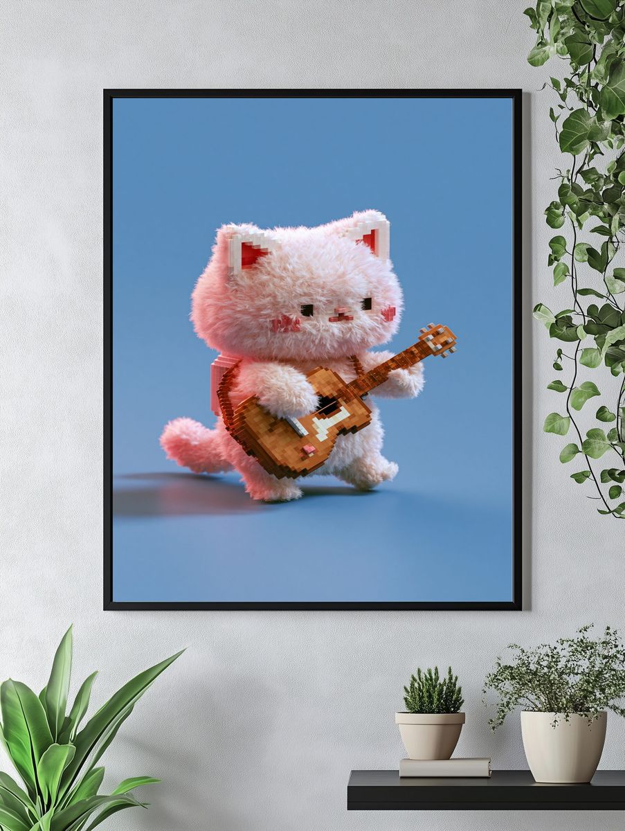 Pixel Cat Guitar Illustration Poster. — room view 4