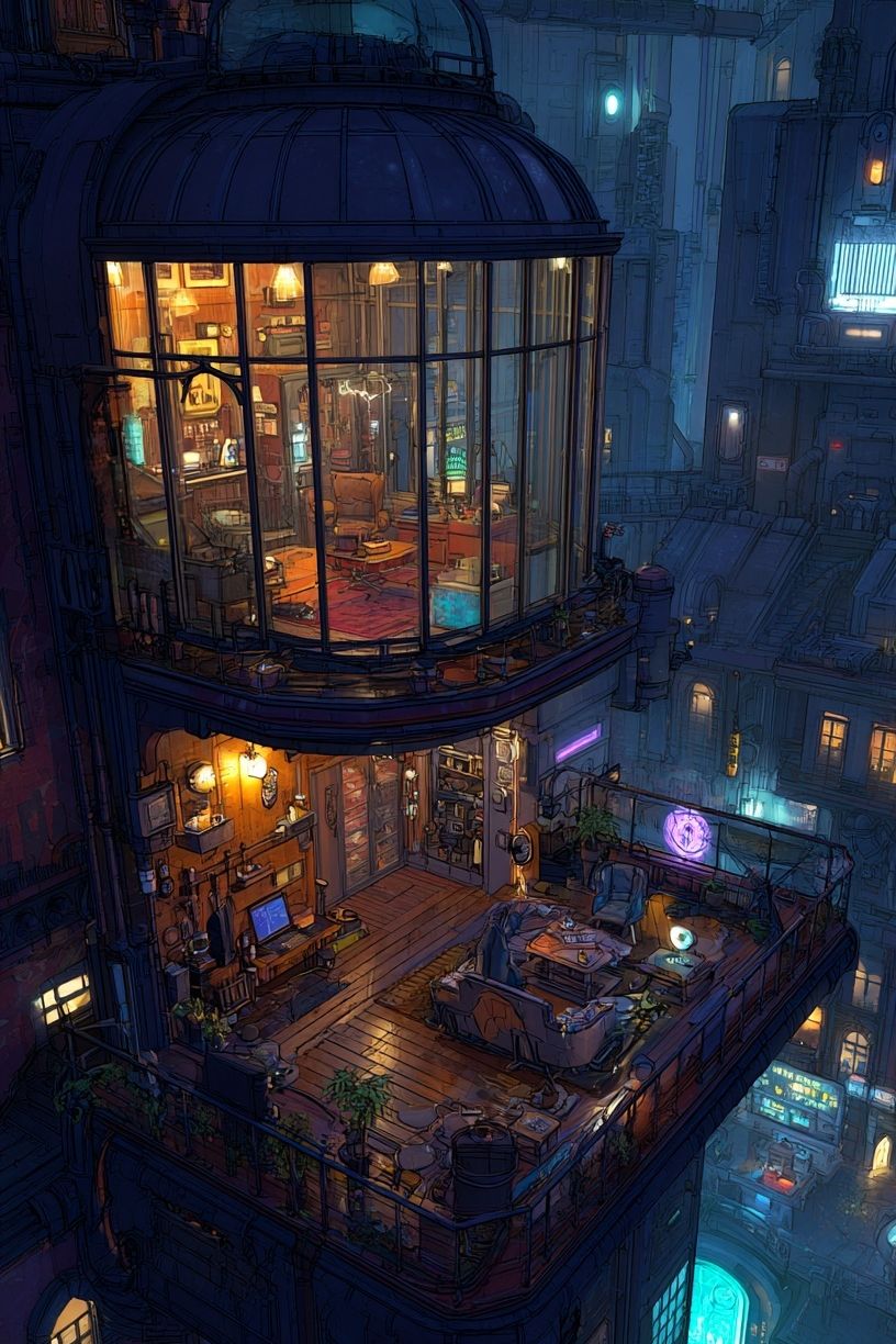 Cyberpunk Rooftop Apartment Print. poster detail