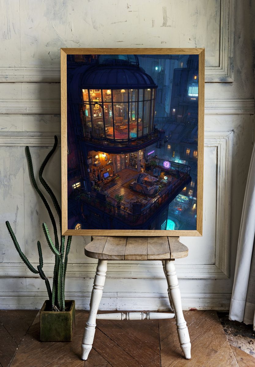 Cyberpunk Rooftop Apartment Print. room preview