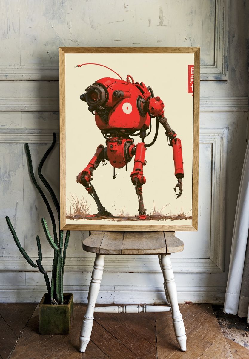 Red Mech Robot Digital Art Poster. — room view 1